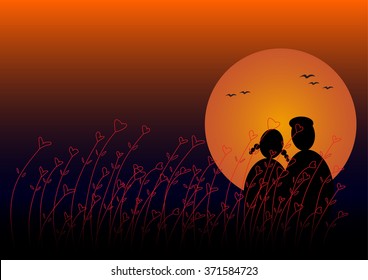 Drawing of lover watching sunset behind the heart flower grass.