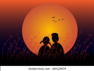 Drawing of lovers watching sunset behind heart flower grass.