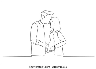 Drawing of loving couple waiting for baby, young husband touching pregnant wife belly. Single line art style
