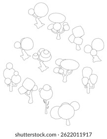 A drawing of low poly contour trees. The trees are drawn in different sizes and positions, and the balloons are scattered throughout the drawing. Scene is playful and whimsical