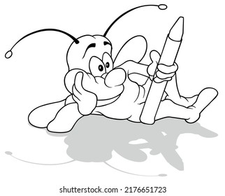 Drawing of a Lying Beetle Holding a Wax Crayon - Cartoon Illustration Isolated on White Background, Vector