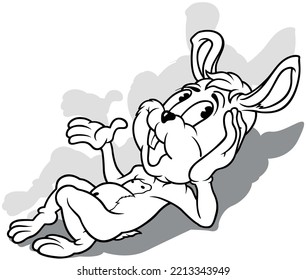 Drawing of a Lying Bunny Supporting its Head with its Paw - Cartoon Illustration Isolated on White Background, Vector