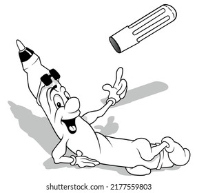 Dibujo de una pluma de punta de fieltro que se desliza apuntando con una mano a una parte inferior - Ilustración de dibujos animados aislada en fondo blanco, vector