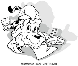 Drawing of a Lying Leopard in a Santa Claus Costume Writing a Christmas Letter - Cartoon Illustration Isolated on White Background, Vector