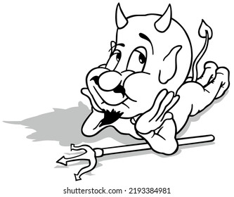 Drawing of a Lying Pensive Devil - Cartoon Illustration Isolated on White Background, Vector