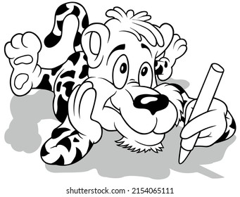 Drawing of a Lying Tiger with a Crayon in his Paw - Cartoon Illustration Isolated on White Background, Vector