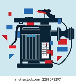 A drawing of a machine with a key and a red and blue background