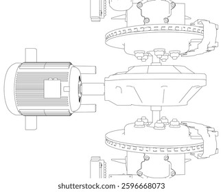 A drawing of a machine with a motor and a gear. The drawing is in black and white