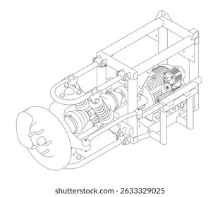 Um desenho de uma máquina com um monte de peças. O desenho é preto e branco. A máquina é uma peça complexa de maquinário com muitas partes. O desenho é de uma máquina usada para uma finalidade específica