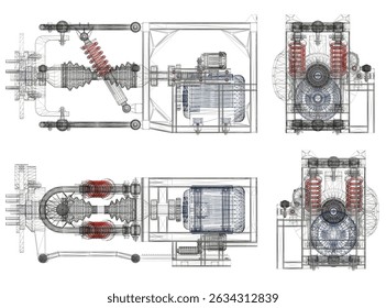 Un dibujo de una máquina con un resorte rojo. Los resortes se muestran en diferentes posiciones. El dibujo está en blanco y negro