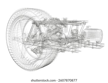 A drawing of a machine with a tire on it. The tire is on the right side of the machine. Isometric view