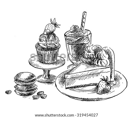 Drawing Macron, strawberry muffin, chocolate mousse and sponge cake with cream. Vintage illustration of desserts.