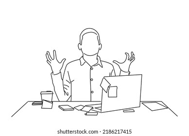 Drawing of Mad crazy man employee sitting in office workplace with sticky notes all around. Outline drawing style art
