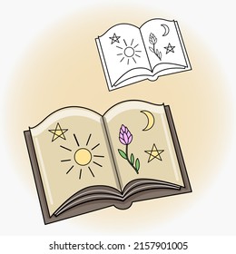 Drawing of magic book. Vector flat magical illustration.  Icon, sticker.  Magic and festive illustration. Coloring page.
