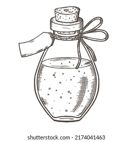 Drawing Of Magic Glass Bottle With Liquid Isolated On White Background. Vector Illustration