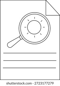 Un dibujo de una lupa mirando un documento con tres líneas de texto