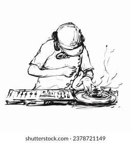 Drawing of Male DJ Using Deck turntable.