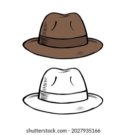 Drawing of a male hat on a white background. Fashion accessory. Retro style headdress. Vector isolated outline illustration in color and black and white