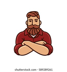 Drawing of man with beard and mustache with arms crossed. Stylish hipster illustration.