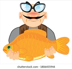 Dibujo de un hombre con peces grandes en las manos