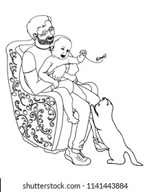 drawing a man with a child and kitten , a hand-drawn vector illustration 