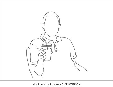 Drawing of man with a cup of iced coffee. White background