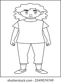 Drawing of a man in doodle style. Contour linear illustration of a smiling girl, Hand drawn woman standing in a dress, Simple clipart