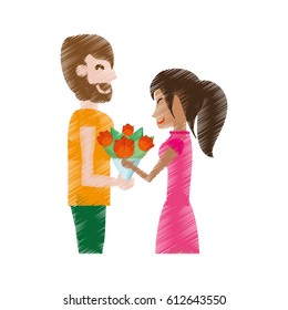 drawing man gifting flowers woman