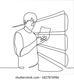 Drawing of a man holding a package with a product and looking at it. one line drawing of a man standing in a store and reading the composition / characteristics of a product