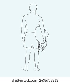 drawing of man holding surfboard. 