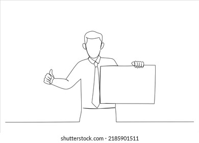 Drawing of man holding white blank board and showing thumb up, copy space. Single line art style
