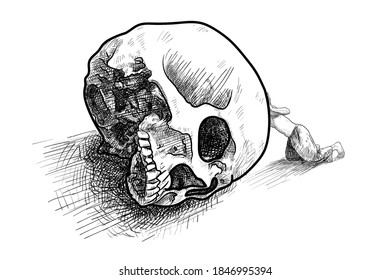 Drawing of a man looking inside a human skull isolated on white. vector illustration.