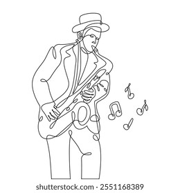 Drawing of man playing saxophone in one line style. Black on white background. Vector.
