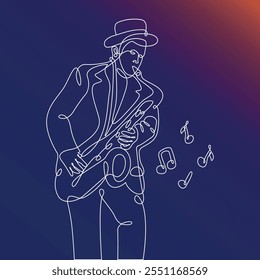 Drawing of man playing saxophone in one line style. White on dark background. Vector.