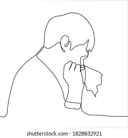 dibujo de un hombre de perfil golpea su nariz en un pañuelo / servilleta. dibujo de una línea de un hombre con un resfriado, el paciente limpia su nariz de un moño, tosiendo o llorando