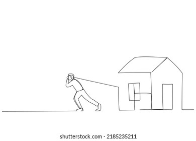 Drawing of man pulled heavy houses. Single continuous line art
