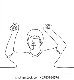 drawing of a man raised both arms, bending at the elbows and clenching his fists, he smiles. One continuous line art concept of motivational support, approval, wishes of good luck