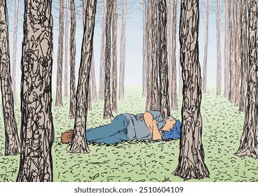 Drawing of a man resting lying among the trees in the forest, vector illustration