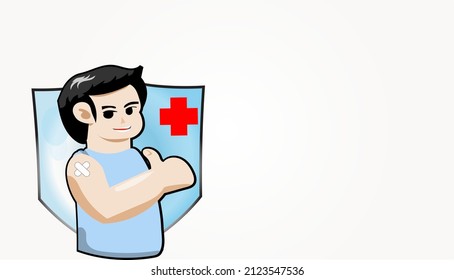 A drawing of a man showing thumbs up with a plaster on his arm, vaccination concept, copy space ready