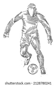 Drawing of man soccer player dominating the ball made from sketch-style brush strokes