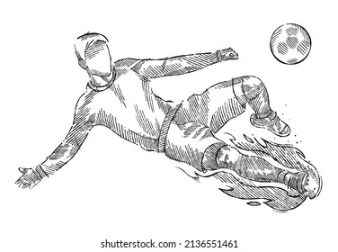Dibujo de un jugador de fútbol dominando la pelota hecho de pinceladas de broche estilo broche en el fuego