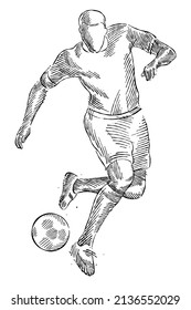 Drawing of man soccer player dominating the ball made from sketch-style brush strokes