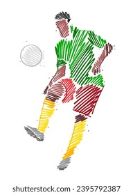 Dibujo de un jugador de fútbol dominando la pelota hecho de pinceladas de broche estilo boceto