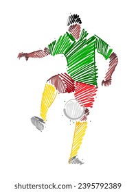Drawing of man soccer player dominating the ball made from sketch-style brush strokes