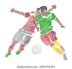 Drawing of man soccer player dominating the ball made from sketch-style brush strokes