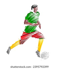 Drawing of man soccer player dominating the ball made from sketch-style brush strokes