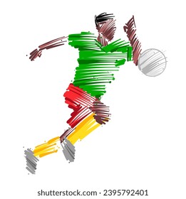 Drawing of man soccer player dominating the ball made from sketch-style brush strokes