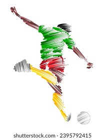 Drawing of man soccer player dominating the ball made from sketch-style brush strokes