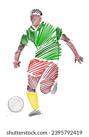 Dibujo de un jugador de fútbol dominando la pelota hecho de pinceladas de broche estilo boceto