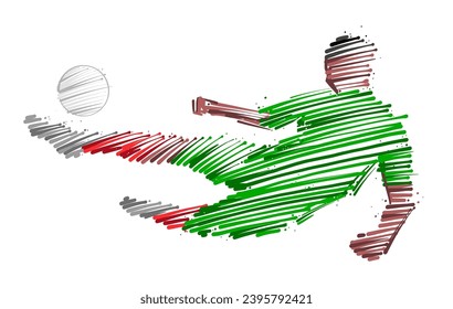 Drawing of man soccer player dominating the ball made from sketch-style brush strokes